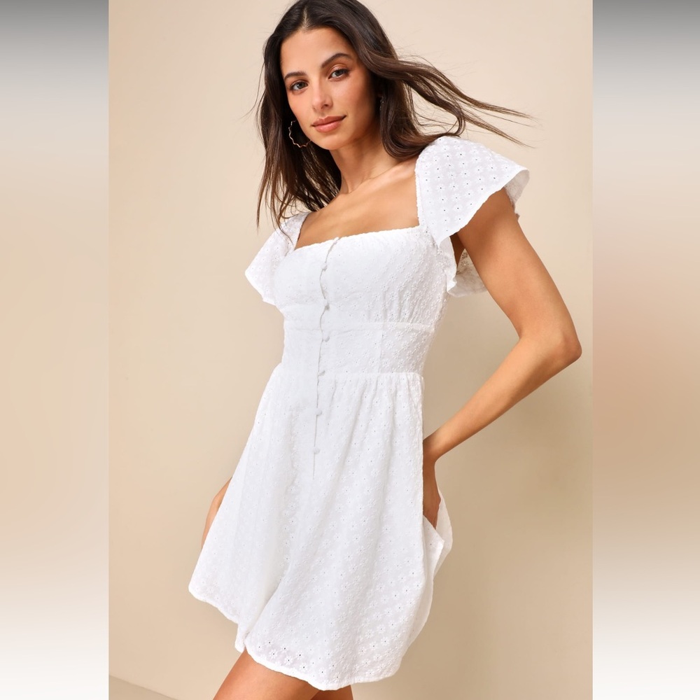 Truly So Sweet White Eyelet Embroidered Button-Front Mini Dress